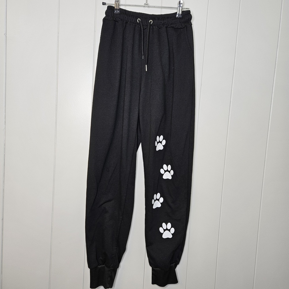 Jogging Pants Fleece Black Puppy Paws Pockets Medium